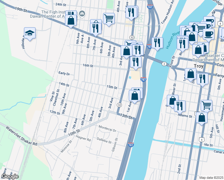 map of restaurants, bars, coffee shops, grocery stores, and more near 1429 3rd Avenue in Watervliet
