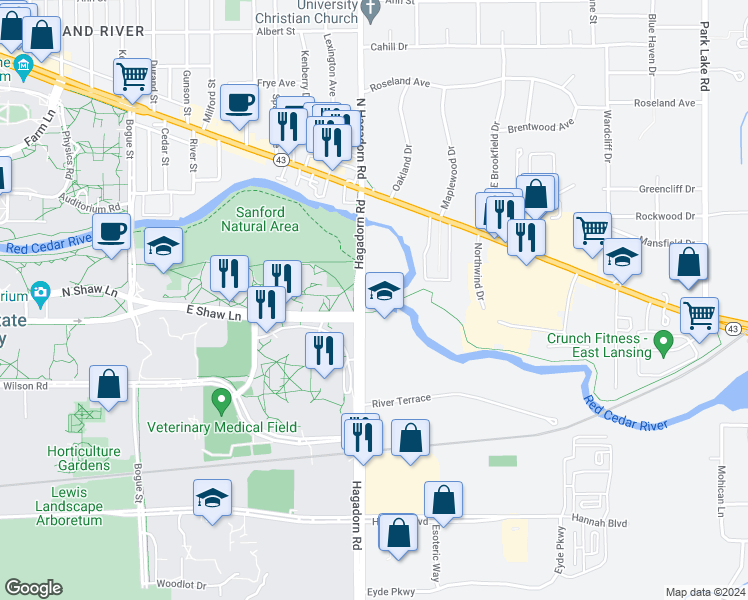 map of restaurants, bars, coffee shops, grocery stores, and more near 5000 Hagadorn Road in East Lansing