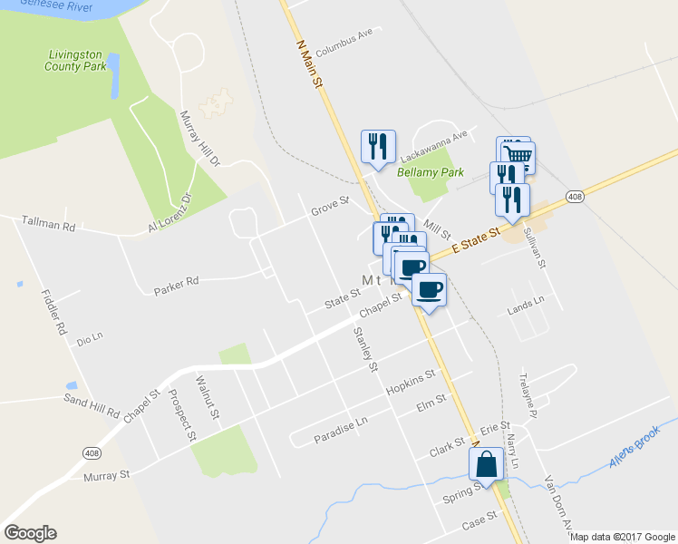 map of restaurants, bars, coffee shops, grocery stores, and more near 31 Stanley Street in Mount Morris