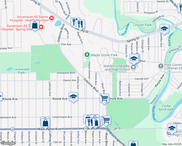 map of restaurants, bars, coffee shops, grocery stores, and more near 601 Hayes Avenue in Racine