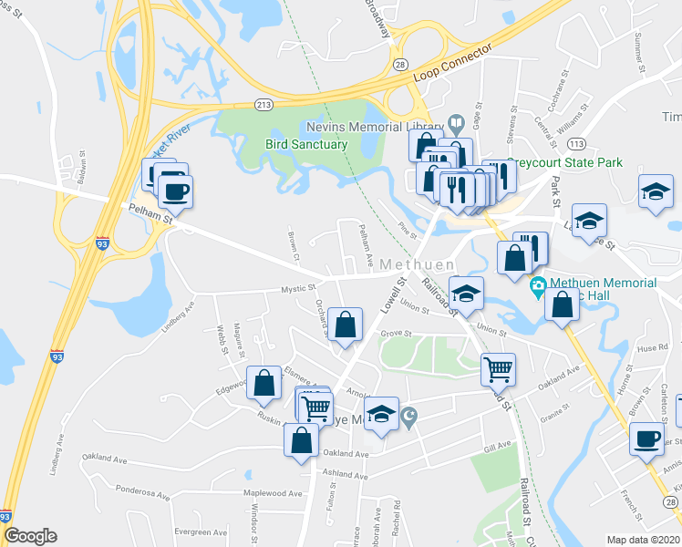 map of restaurants, bars, coffee shops, grocery stores, and more near 69 Pelham Street in Methuen