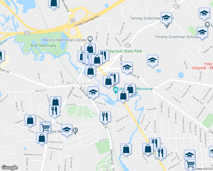 map of restaurants, bars, coffee shops, grocery stores, and more near 254 Broadway in Methuen