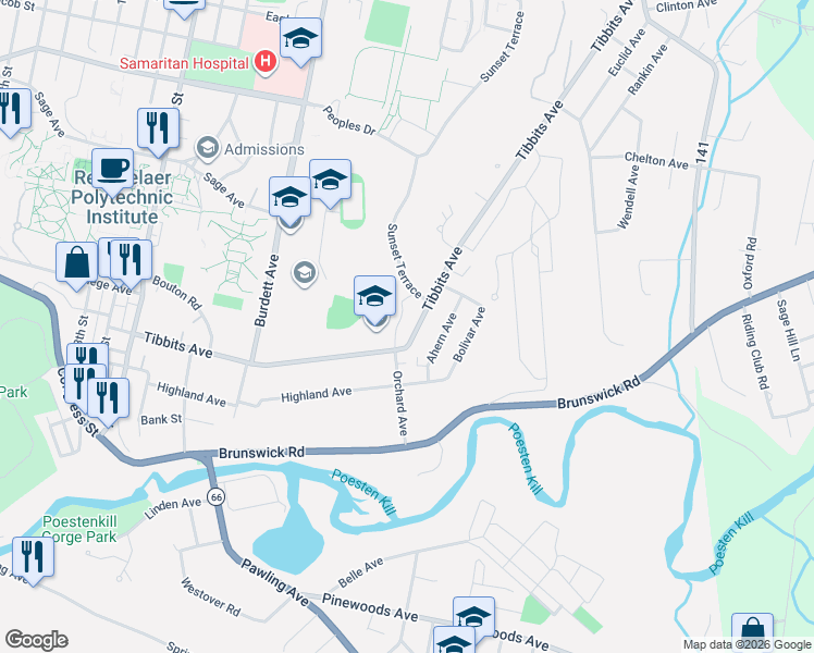 map of restaurants, bars, coffee shops, grocery stores, and more near 1726 Tibbits Avenue in Troy