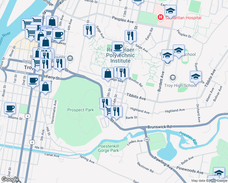 map of restaurants, bars, coffee shops, grocery stores, and more near 75 14th Street in Troy