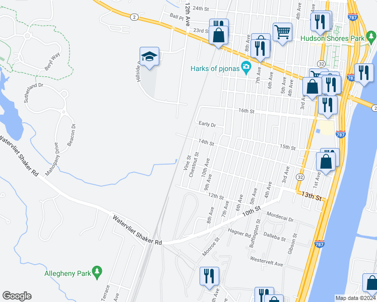 map of restaurants, bars, coffee shops, grocery stores, and more near 1310 Vine Street in Watervliet