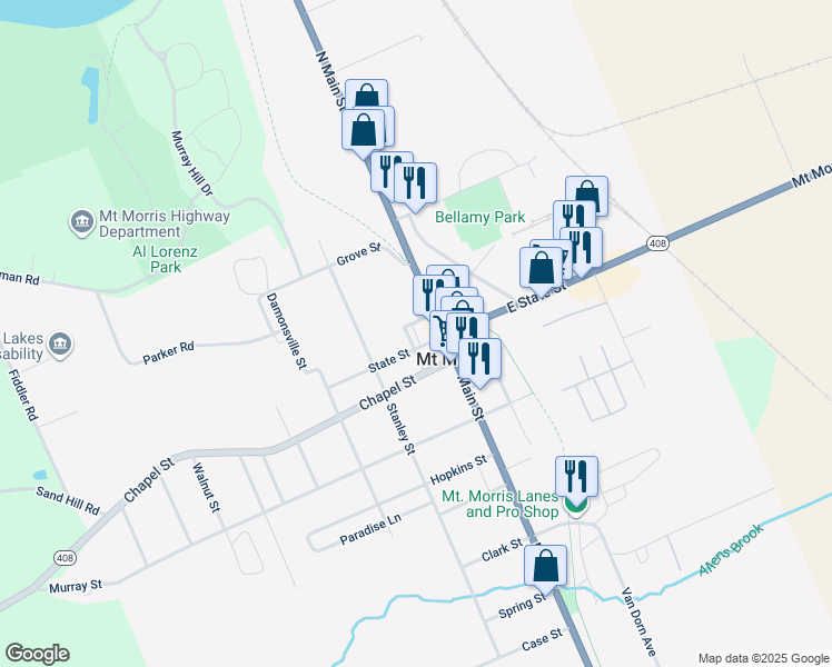 map of restaurants, bars, coffee shops, grocery stores, and more near 12 East State Street in Mount Morris