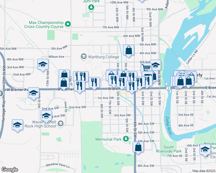 map of restaurants, bars, coffee shops, grocery stores, and more near 702 West Bremer Avenue in Waverly