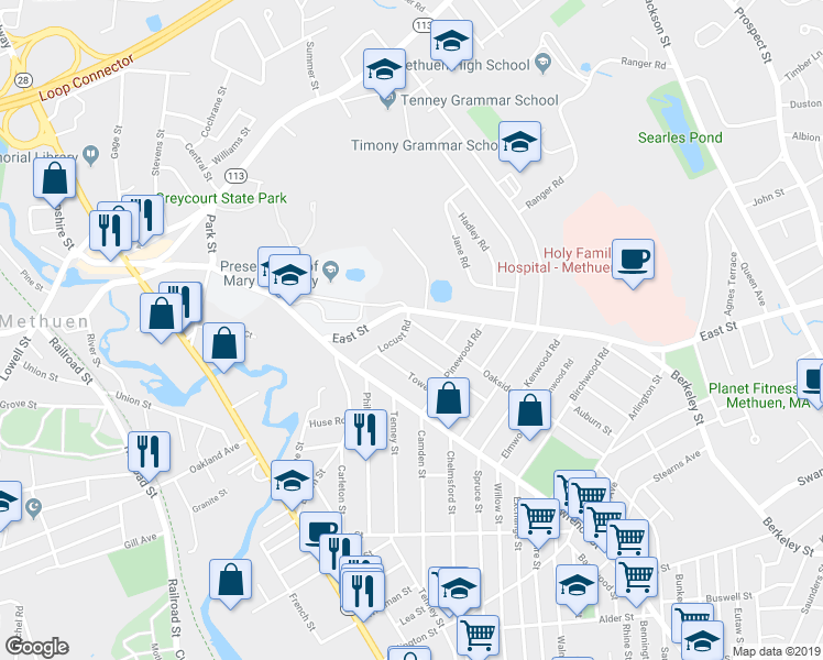 map of restaurants, bars, coffee shops, grocery stores, and more near 170 Oakside Avenue in Methuen