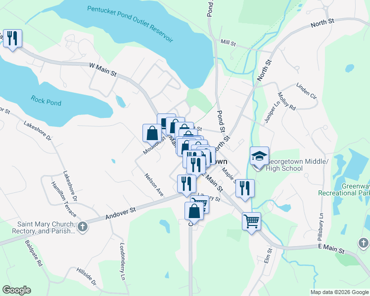 map of restaurants, bars, coffee shops, grocery stores, and more near 55 West Main Street in Georgetown