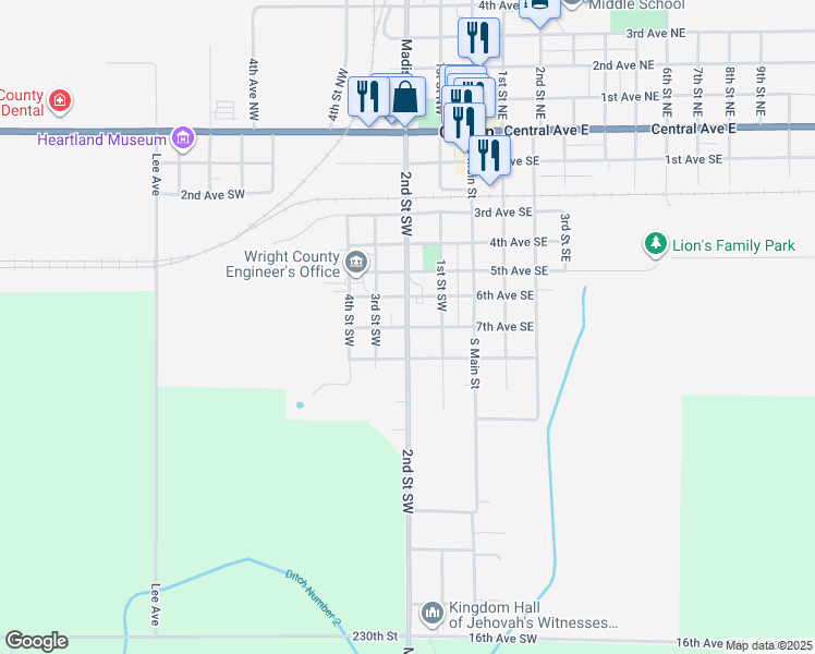 map of restaurants, bars, coffee shops, grocery stores, and more near 301 7th Avenue Southwest in Clarion