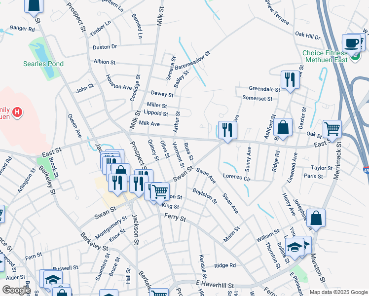 map of restaurants, bars, coffee shops, grocery stores, and more near 1 Fairoaks Avenue in Methuen
