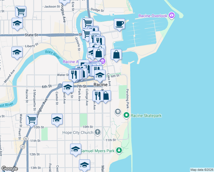 map of restaurants, bars, coffee shops, grocery stores, and more near 110 7th Street in Racine