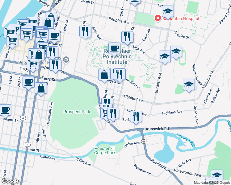 map of restaurants, bars, coffee shops, grocery stores, and more near 1503 15th Street in Troy