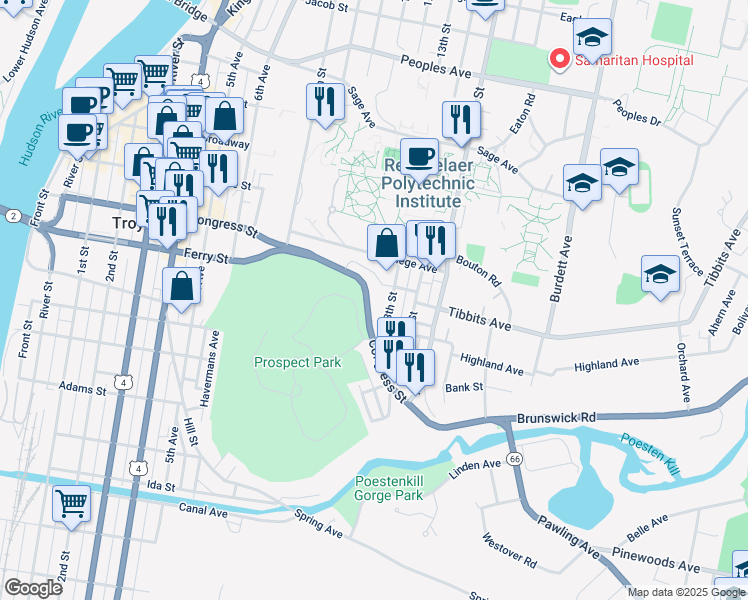 map of restaurants, bars, coffee shops, grocery stores, and more near 281 Congress Street in Troy