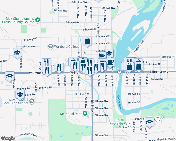 map of restaurants, bars, coffee shops, grocery stores, and more near 416 West Bremer Avenue in Waverly