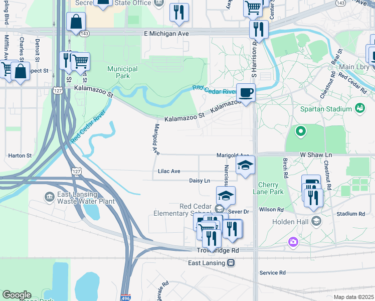 map of restaurants, bars, coffee shops, grocery stores, and more near 1134 Marigold Avenue in East Lansing