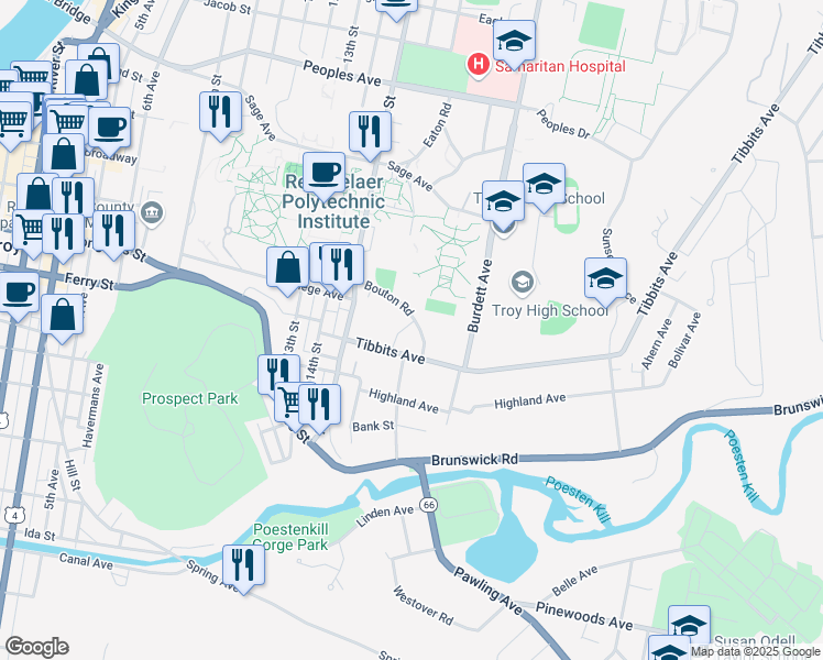map of restaurants, bars, coffee shops, grocery stores, and more near 1526 Bouton Road in Troy