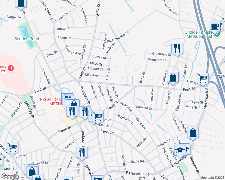 map of restaurants, bars, coffee shops, grocery stores, and more near 1 Fairoaks Avenue in Methuen
