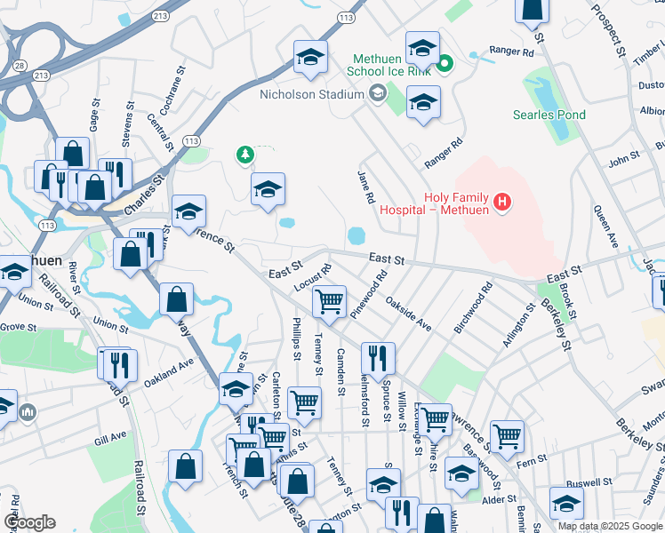 map of restaurants, bars, coffee shops, grocery stores, and more near 170 Oakside Avenue in Methuen