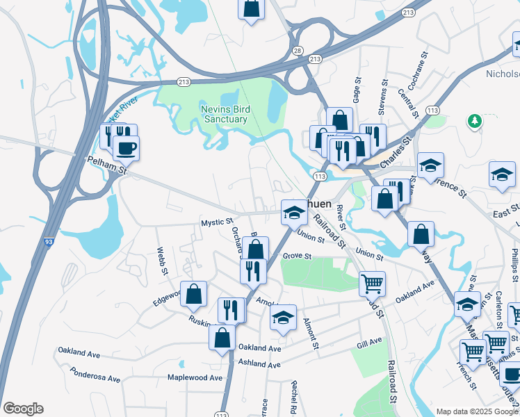 map of restaurants, bars, coffee shops, grocery stores, and more near 69 Pelham Street in Methuen