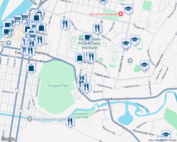 map of restaurants, bars, coffee shops, grocery stores, and more near 1503 15th Street in Troy