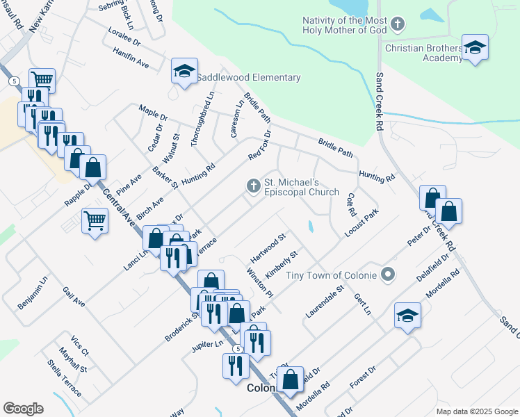 map of restaurants, bars, coffee shops, grocery stores, and more near 48 Fuller Terrace in Colonie