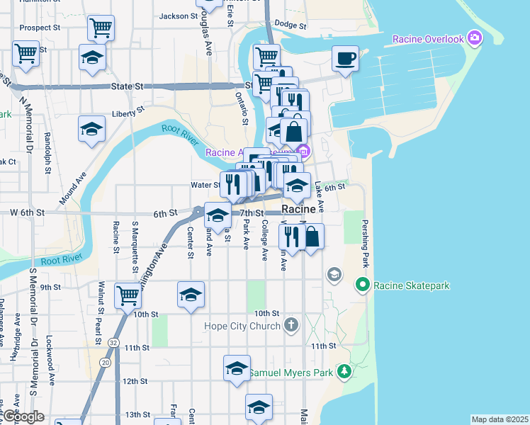 map of restaurants, bars, coffee shops, grocery stores, and more near in Racine