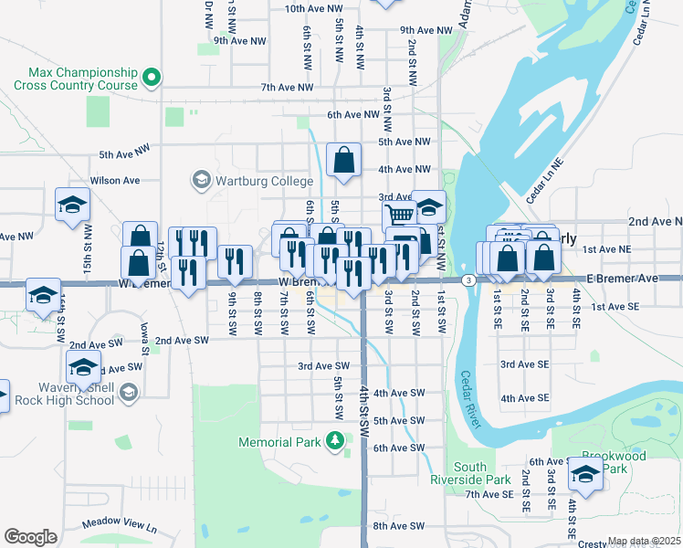 map of restaurants, bars, coffee shops, grocery stores, and more near 416 West Bremer Avenue in Waverly