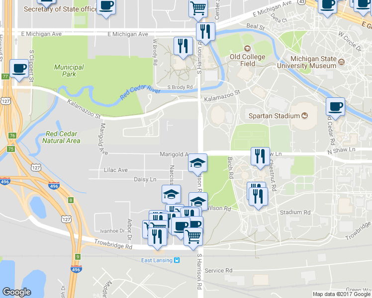 map of restaurants, bars, coffee shops, grocery stores, and more near 714 South Harrison Road in East Lansing