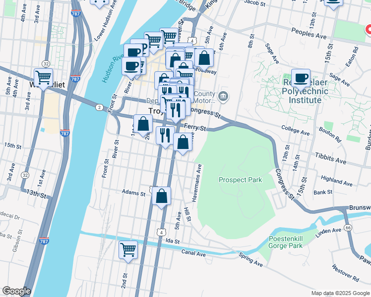 map of restaurants, bars, coffee shops, grocery stores, and more near 1435 5th Avenue in Troy