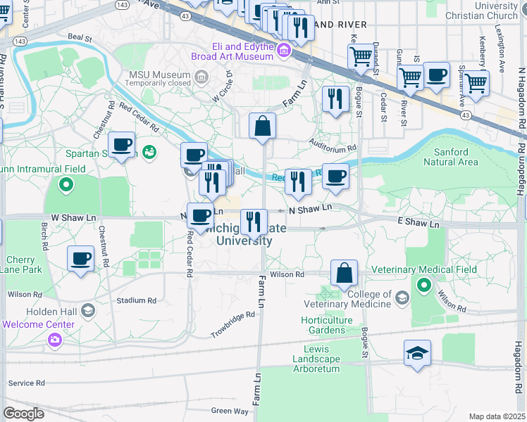 map of restaurants, bars, coffee shops, grocery stores, and more near in East Lansing