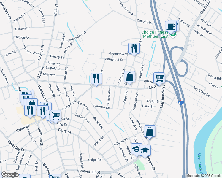 map of restaurants, bars, coffee shops, grocery stores, and more near 4 Sunny Avenue in Methuen