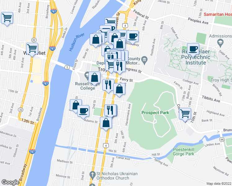 map of restaurants, bars, coffee shops, grocery stores, and more near 198 4th Street in Troy