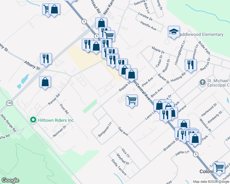 map of restaurants, bars, coffee shops, grocery stores, and more near 20 Rapple Drive in Colonie
