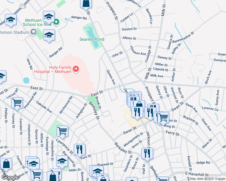 map of restaurants, bars, coffee shops, grocery stores, and more near 95 East Street in Methuen