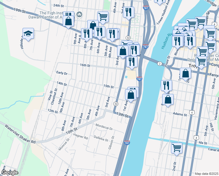 map of restaurants, bars, coffee shops, grocery stores, and more near 1429 3rd Avenue in Watervliet