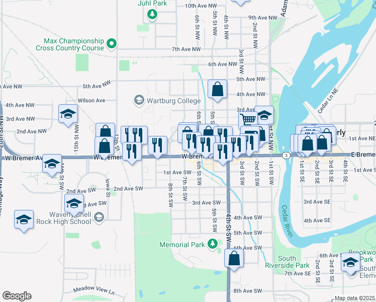 map of restaurants, bars, coffee shops, grocery stores, and more near 702 West Bremer Avenue in Waverly