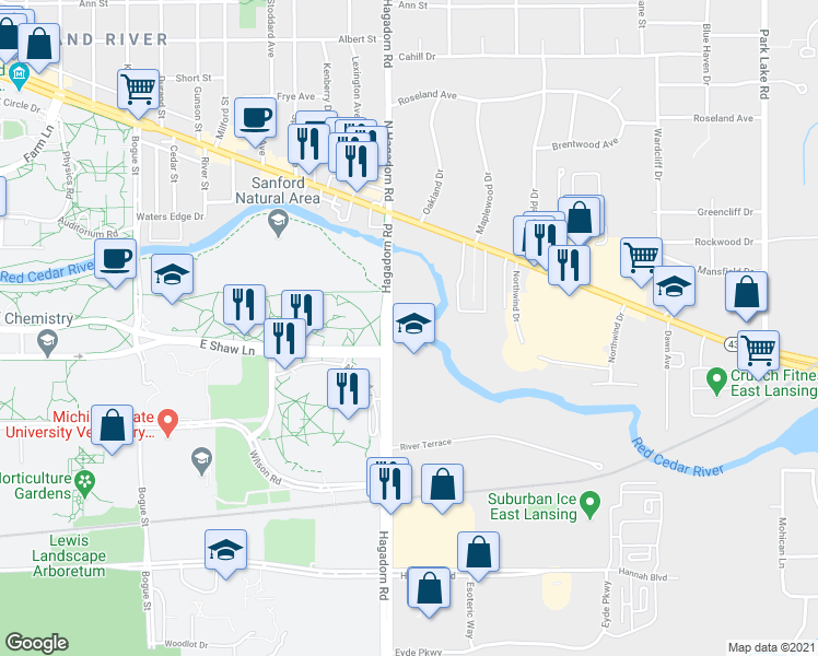 map of restaurants, bars, coffee shops, grocery stores, and more near 5000 Hagadorn Road in East Lansing