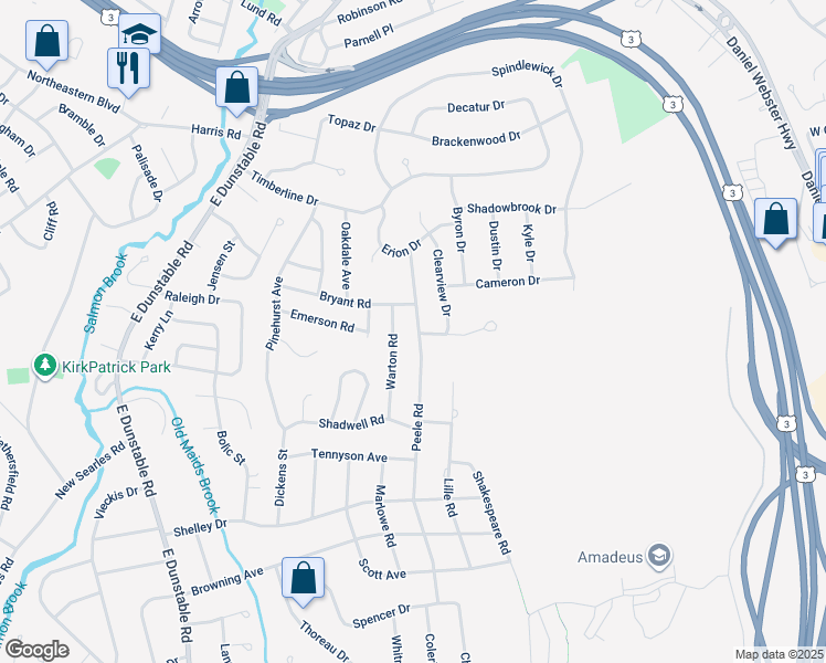 map of restaurants, bars, coffee shops, grocery stores, and more near 99 Peele Road in Nashua