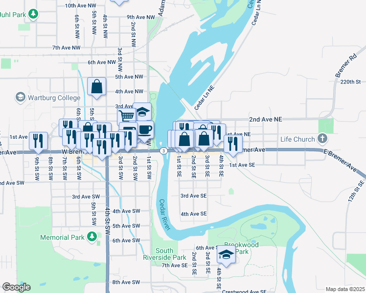 map of restaurants, bars, coffee shops, grocery stores, and more near 105 East Bremer Avenue in Waverly