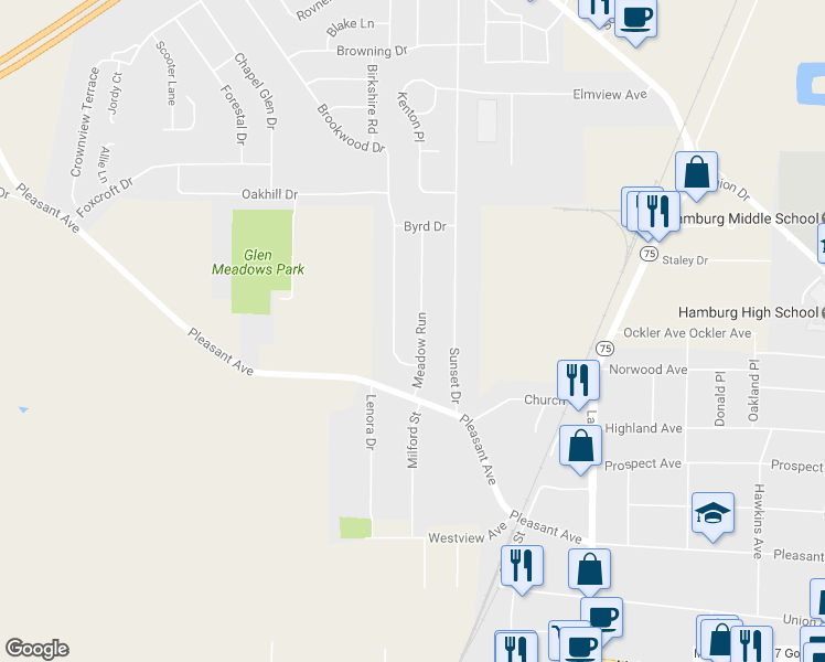 map of restaurants, bars, coffee shops, grocery stores, and more near 72 Meadow Run in Hamburg