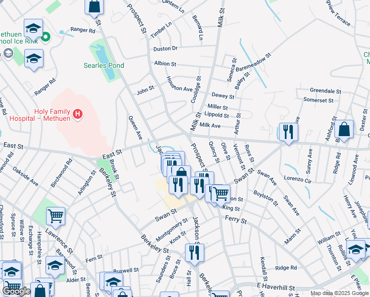 map of restaurants, bars, coffee shops, grocery stores, and more near 494 Prospect Street in Methuen