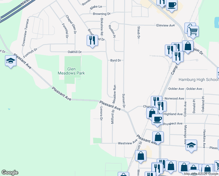 map of restaurants, bars, coffee shops, grocery stores, and more near 72 Meadow Run in Hamburg