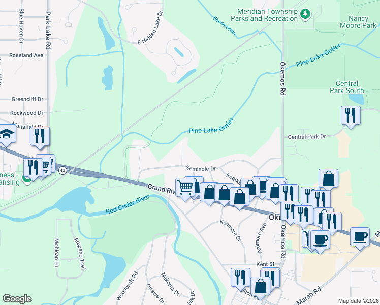 map of restaurants, bars, coffee shops, grocery stores, and more near 4998 Algonquin Way in Meridian charter Township