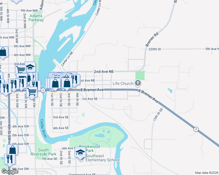 map of restaurants, bars, coffee shops, grocery stores, and more near 707 E Bremer Ave in Waverly