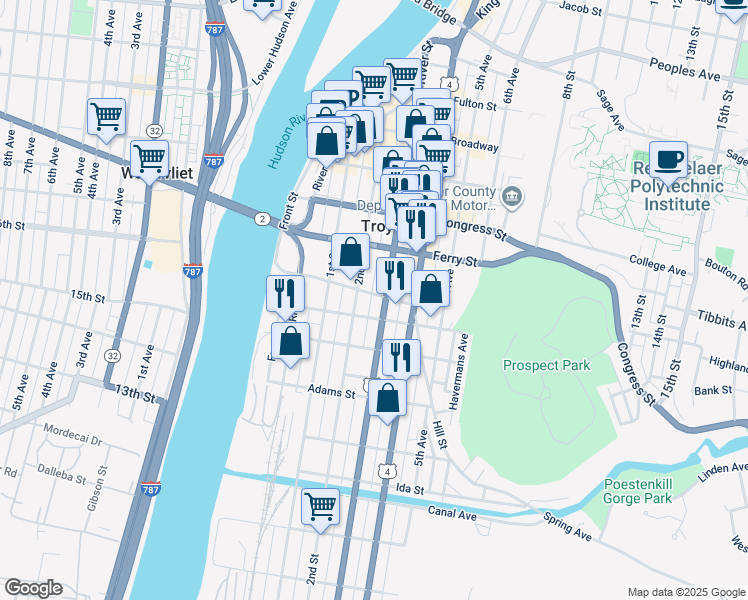map of restaurants, bars, coffee shops, grocery stores, and more near 56 Division Street in Troy