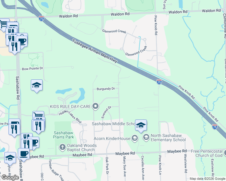 map of restaurants, bars, coffee shops, grocery stores, and more near 5333 Burgundy Drive in Village of Clarkston