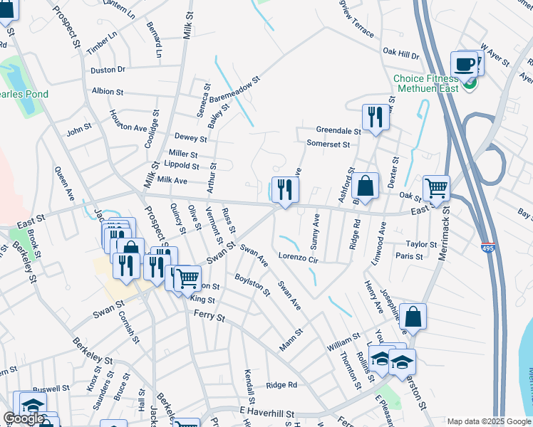map of restaurants, bars, coffee shops, grocery stores, and more near 150 Swan Street in Methuen