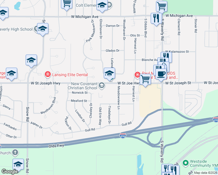 map of restaurants, bars, coffee shops, grocery stores, and more near 4407 West Saint Joe Highway in Lansing