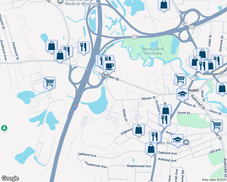 map of restaurants, bars, coffee shops, grocery stores, and more near 65 Mystic Street in Methuen